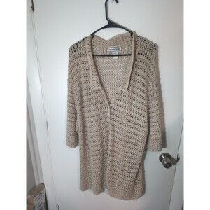 Vtg August Max Woman Cardigan 3X Linen Cotton Open Knit Crochet Beige Lagenlook